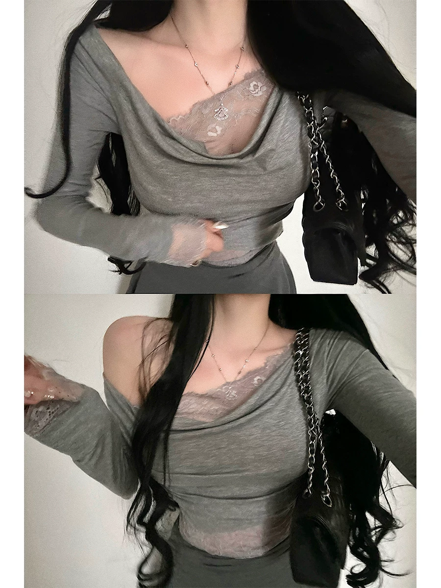 YoungGirlDay Pure Desire Style Gợi cảm lệch vai xếp nếp eo ren chắp vá giả hai mảnh áo thun dài tay hàng đầu