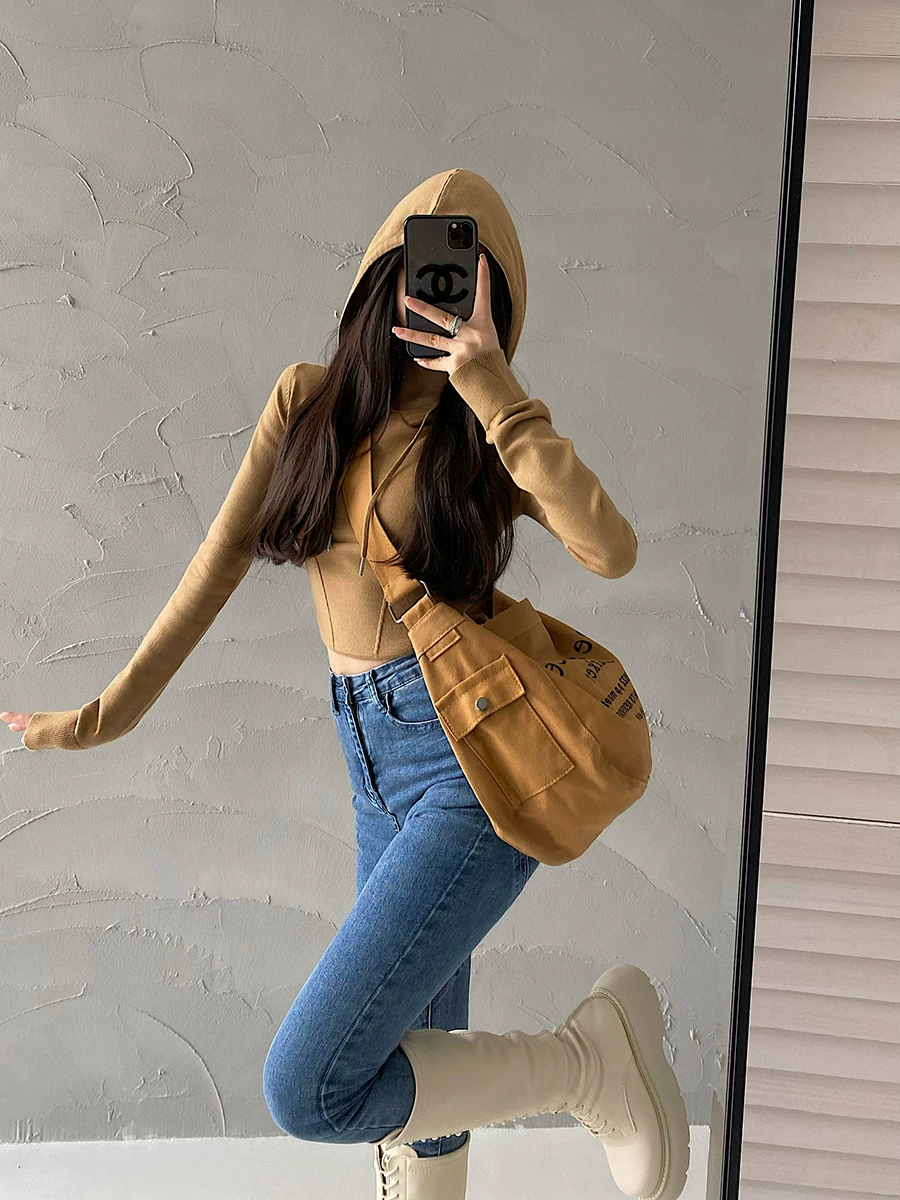 YoungGirlDay pure Desire hot girl slim fit áo nỉ có mũ trùm đầu có dây rút ngắn, áo dệt kim ngắn tay dài