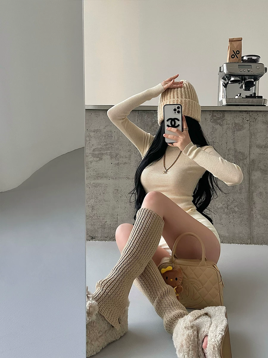 Áo dệt kim dài tay co giãn cổ tròn cơ bản YoungGirlDay Kardashian dành cho nữ