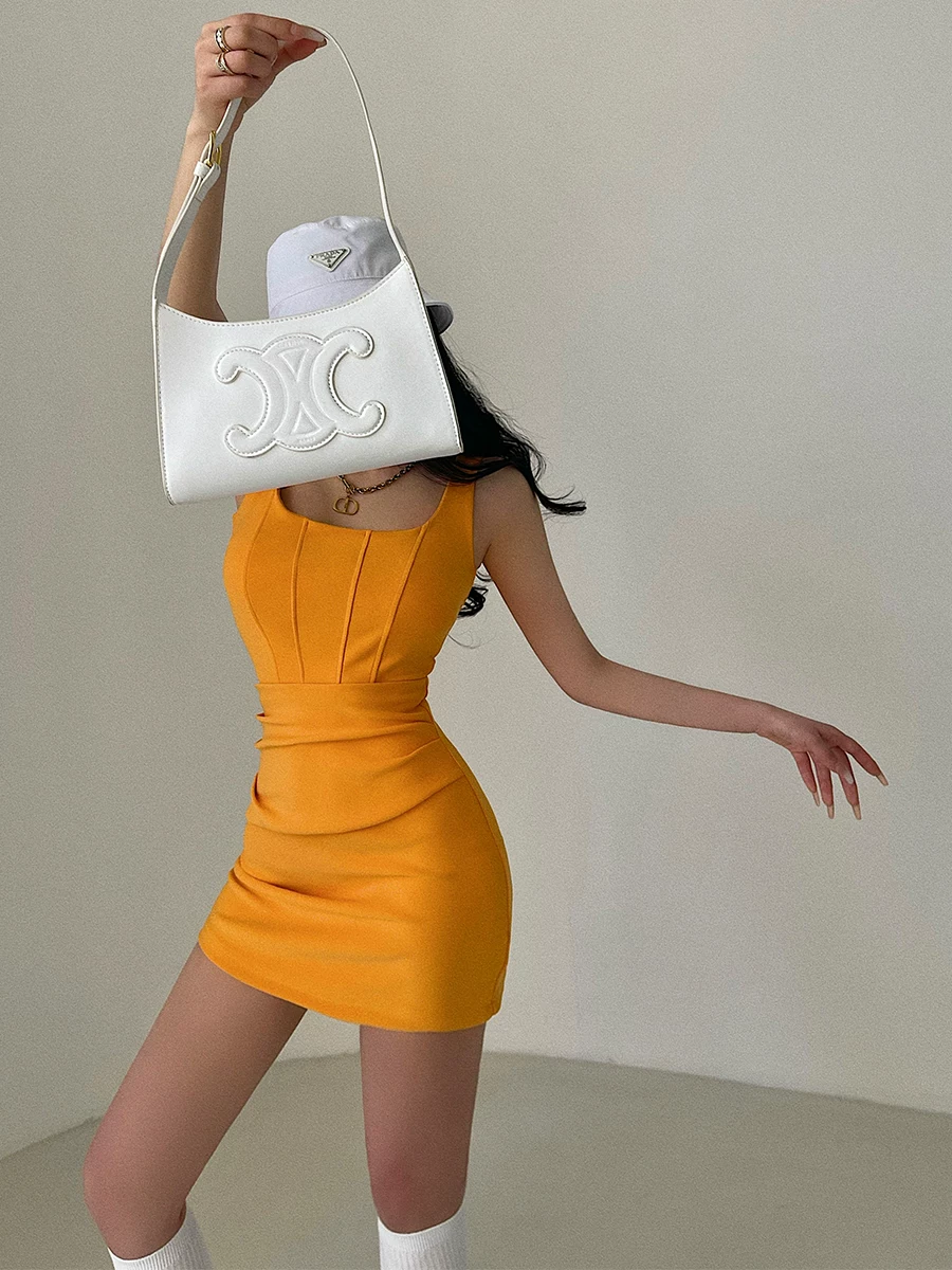 YoungGirlDay khao khát thuần khiết gợi cảm cổ vuông ôm sát eo dây đeo eo đầm bodycon váy ngắn