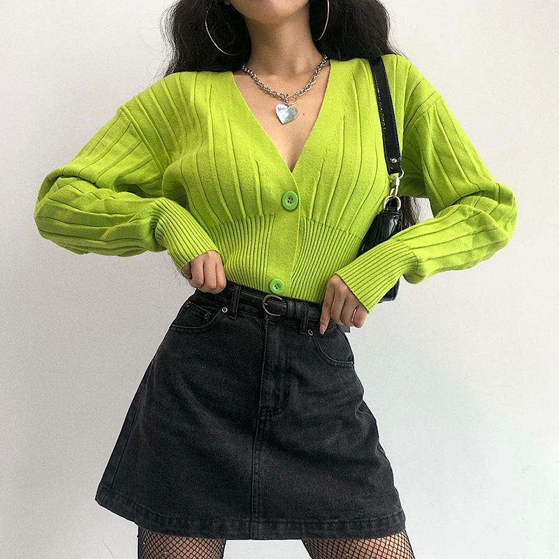 YoungGirlDay Áo len dệt kim cổ chữ V gợi cảm phong cách Âu Mỹ với eo thon và tay áo cánh dơi