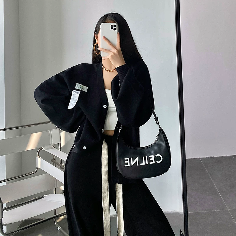 YoungGirlDay Áo khoác cardigan dệt kim cổ chữ V dáng rộng phong cách retro của Mỹ có nhãn hiệu áo khoác len dài tay dành cho nữ