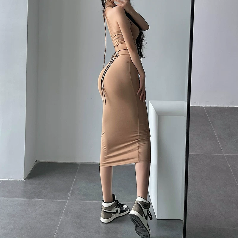YoungGirlDay Bộ áo ống và váy ôm sát gợi cảm phong cách Âu Mỹ, kiểu dáng ôm sát, hở lưng, dây buộc, dây đeo.