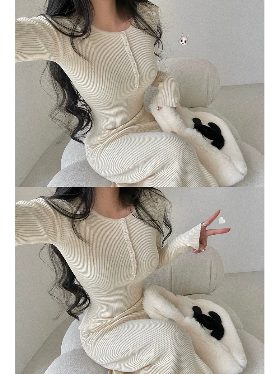 YoungGirlDay phong cách thuần khiết gợi cảm, ôm sát, cổ tròn, tay dài, đầm bodycon, váy dài