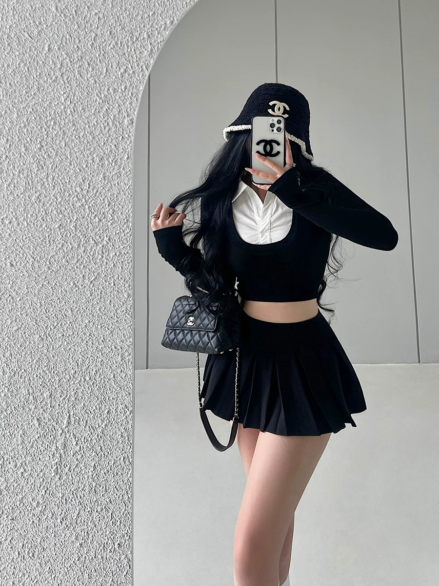 YoungGirlDay Pure Desire Gợi cảm có cổ áo kiểu dáng ôm vừa vặn Áo crop top ngắn tay dài giả hai mảnh dành cho nữ.