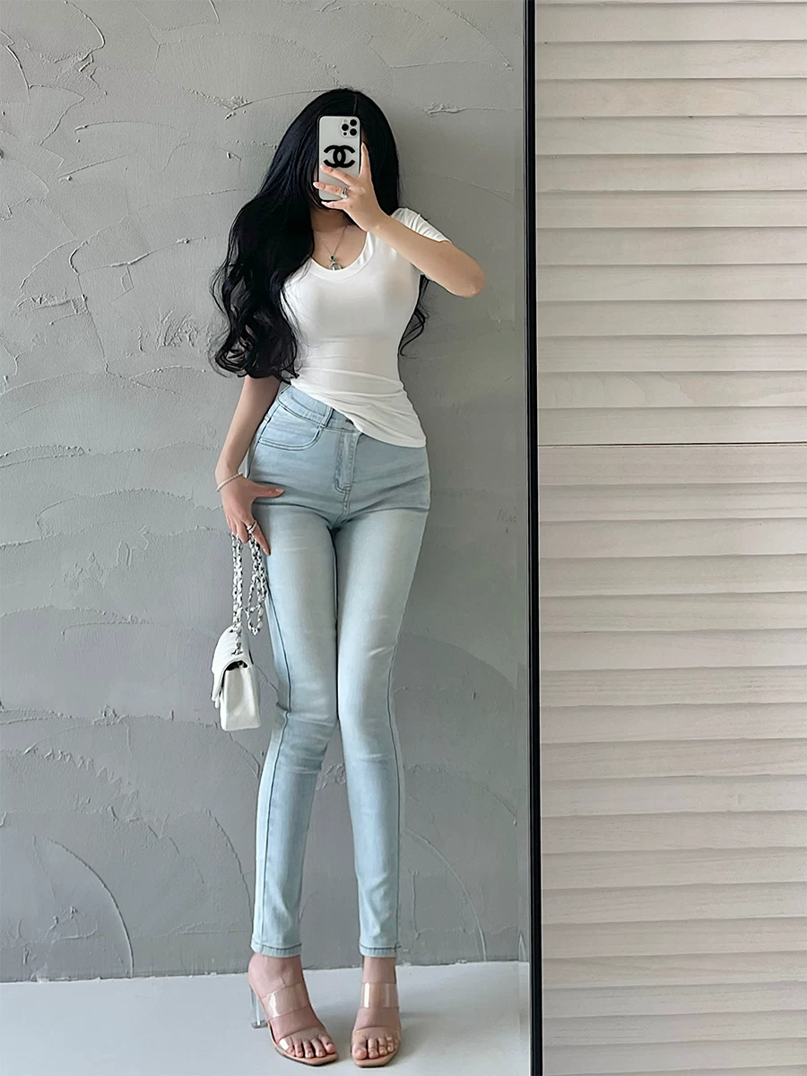 YoungGirlDay khao khát thuần khiết gợi cảm cơ bản cổ chữ V ôm vừa vặn màu trơn co giãn đa năng áo thun ngắn tay