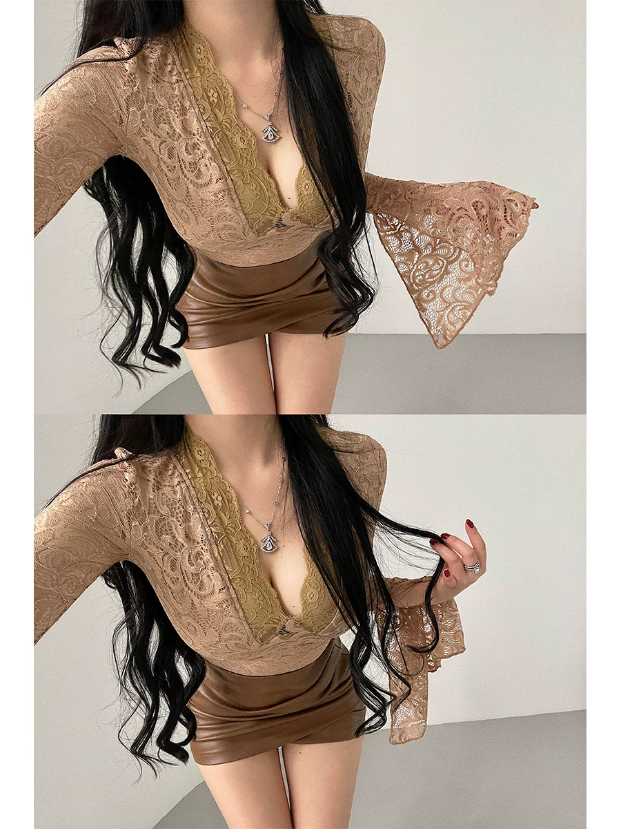 YoungGirlDay Pure Desire Atmosphere Gợi cảm Deep V Slim Fit Tay áo dài xòe có ren rỗng