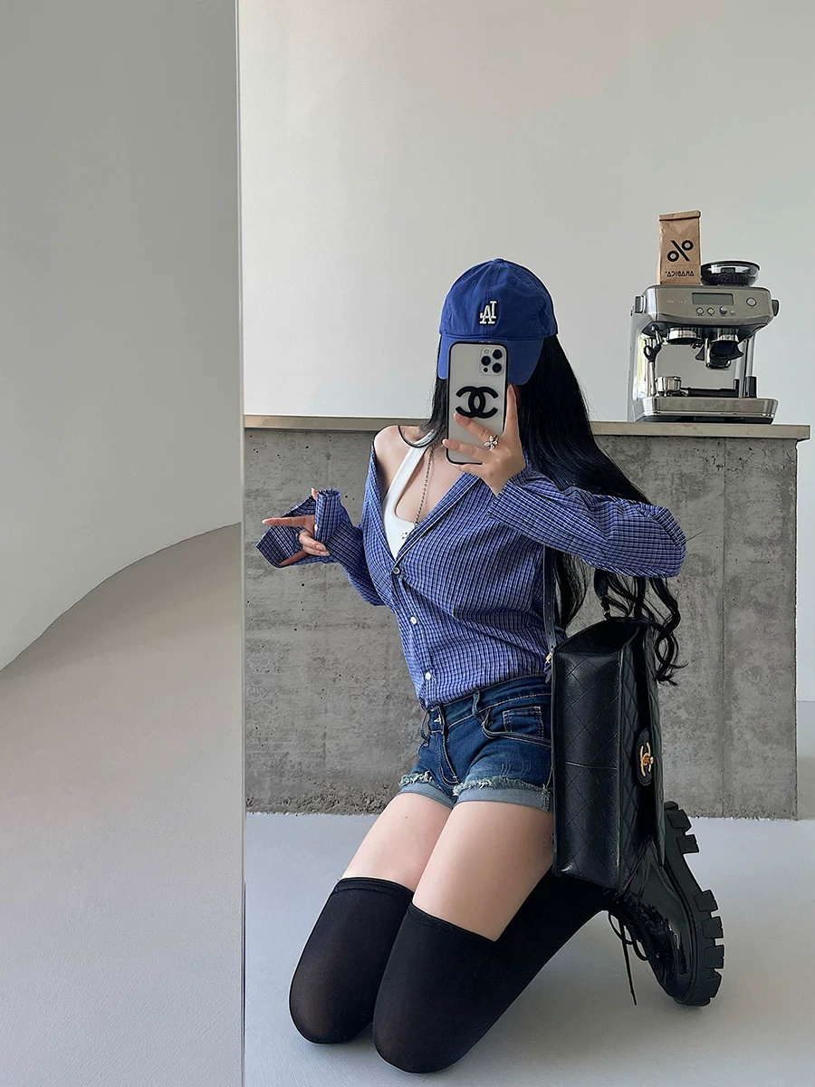 YoungGirlDay phong cách retro preppy có ve áo, áo sơ mi kẻ sọc dài tay dáng rộng, dáng rộng, giúp thon gọn, áo sơ mi thường ngày