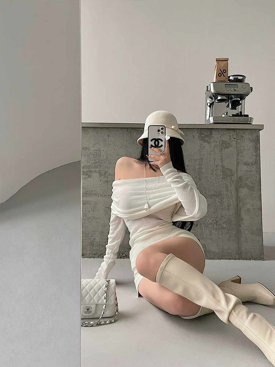 YoungGirlDay pure Desire sexy áo len một vai có thể gấp lại, áo len dệt kim dài tay vừa vặn vừa vặn