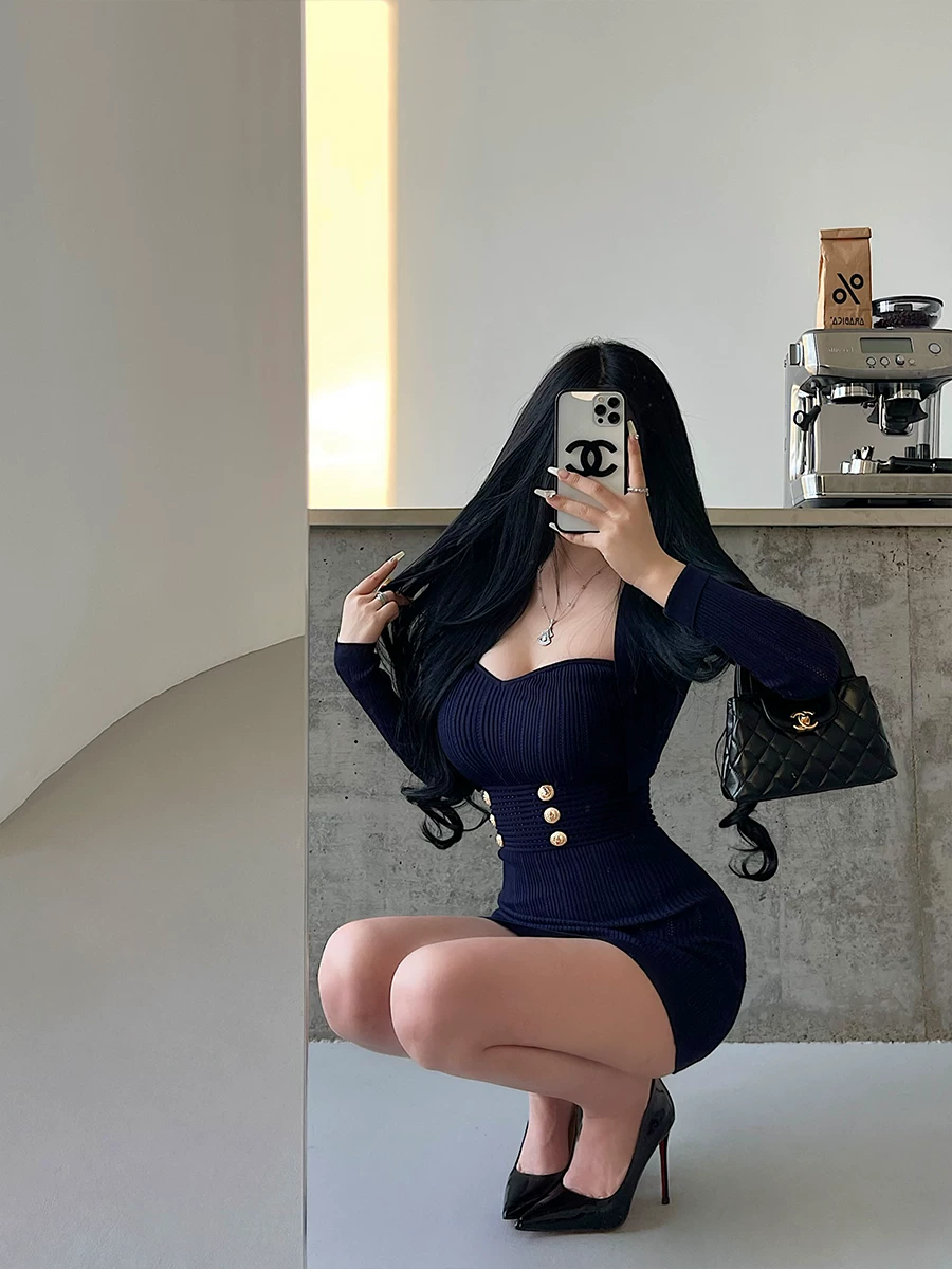 YoungGirlDay pure Desire phong cách hot girl dệt kim áo cardigan dài tay gợi cảm áo ống bó sát eo bộ váy ôm sát eo