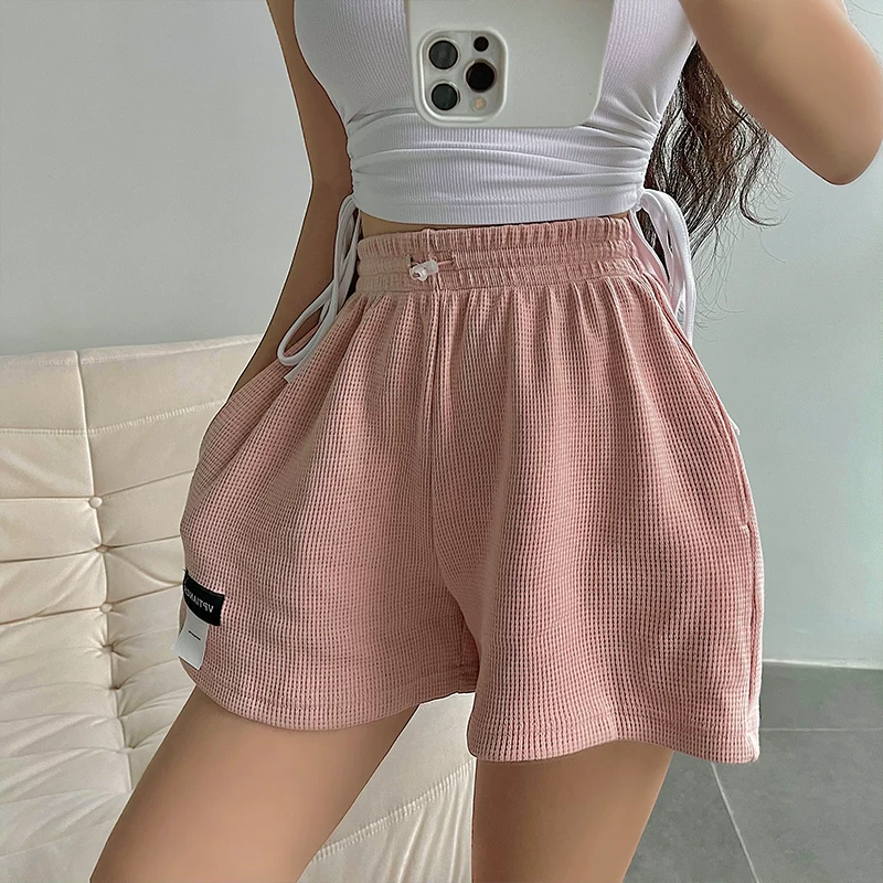YoungGirlDay Quần short ống rộng cạp cao phong cách Âu Mỹ có dây rút dáng rộng giúp giảm béo kiểu waffle thể thao đa năng