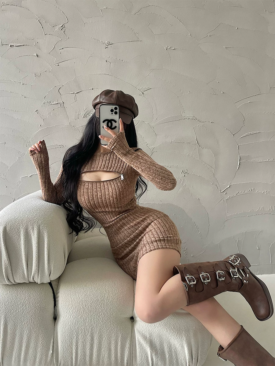 YoungGirlDay phong cách thuần khiết gợi cảm, có khóa kéo, ôm sát, váy dệt kim dài tay, váy ngắn ôm sát cơ thể