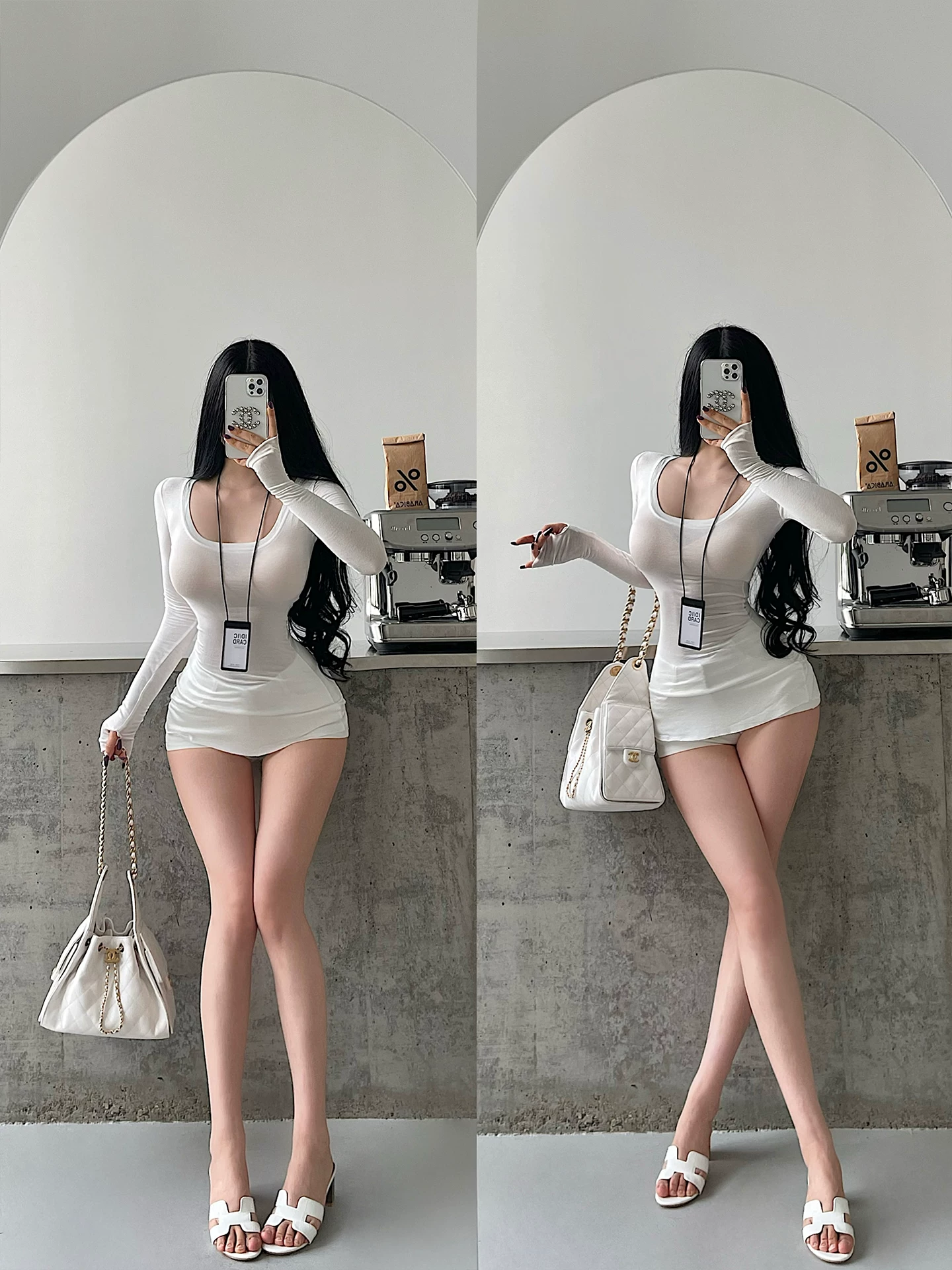 Áo thun dài tay YoungGirlDay cổ chữ U cơ bản, ôm sát, màu trơn, hơi xuyên thấu, co giãn