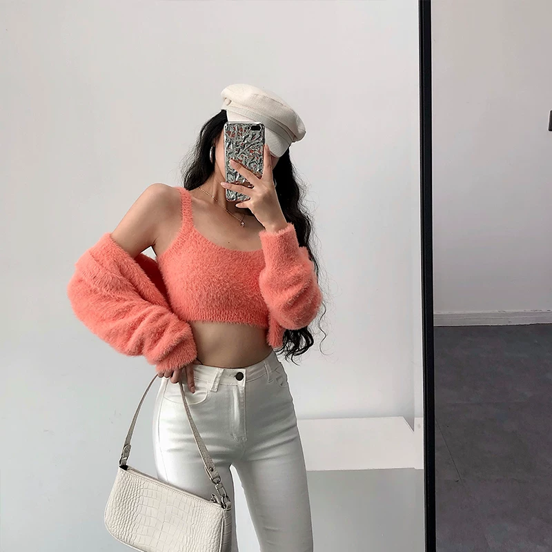 YoungGirlDay Áo cardigan dệt kim ngắn tay dài cổ tròn phong cách Âu Mỹ + áo yếm gợi cảm