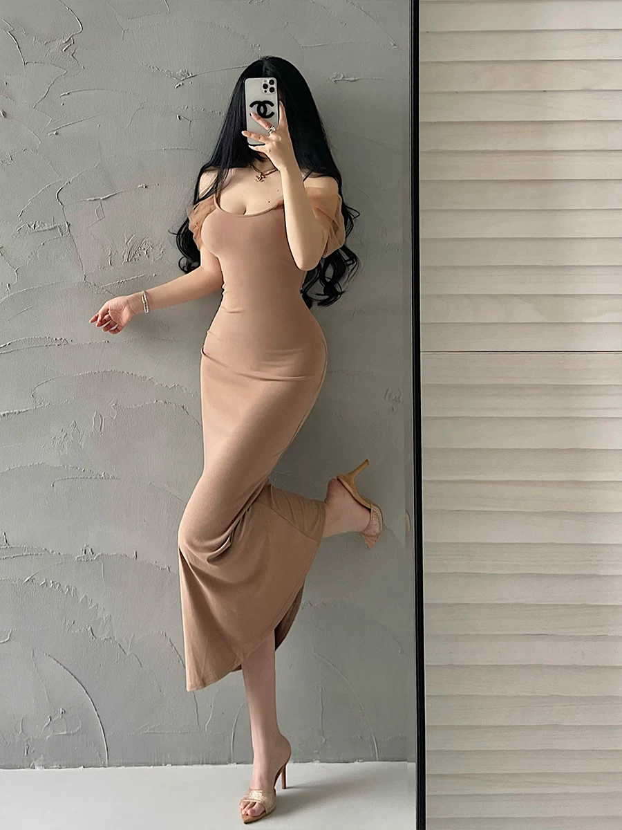 YoungGirlDay phong cách thuần khiết gợi cảm ôm sát cơ thể co giãn váy dài phối lưới có dây đeo spaghetti