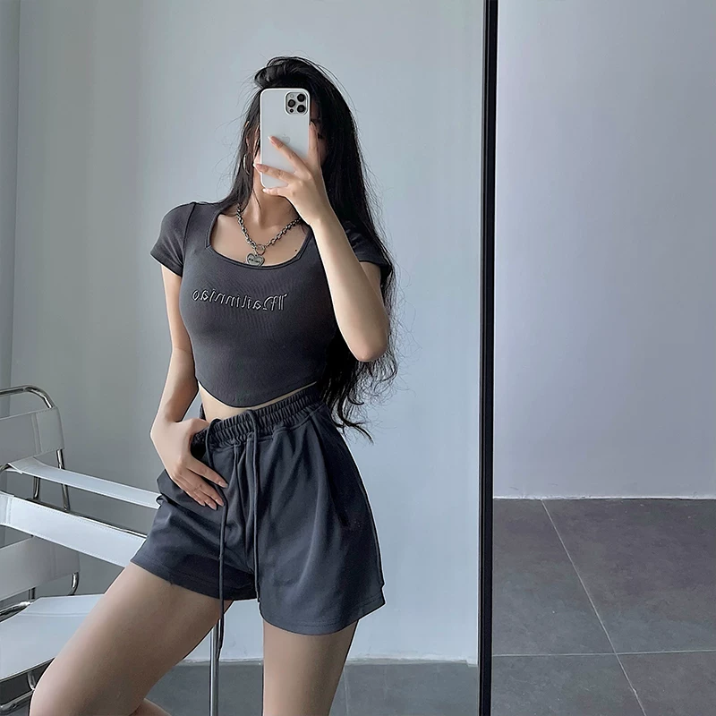 YoungGirlDay Quần short ống rộng lưng cao phong cách Âu Mỹ có dây rút co giãn eo thon gọn đa năng thể thao thông thường
