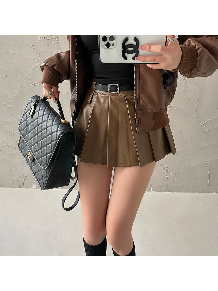 YoungGirlDay Maillard Váy xếp ly bằng da PU chống lộ eo cao gợi cảm có thắt lưng.