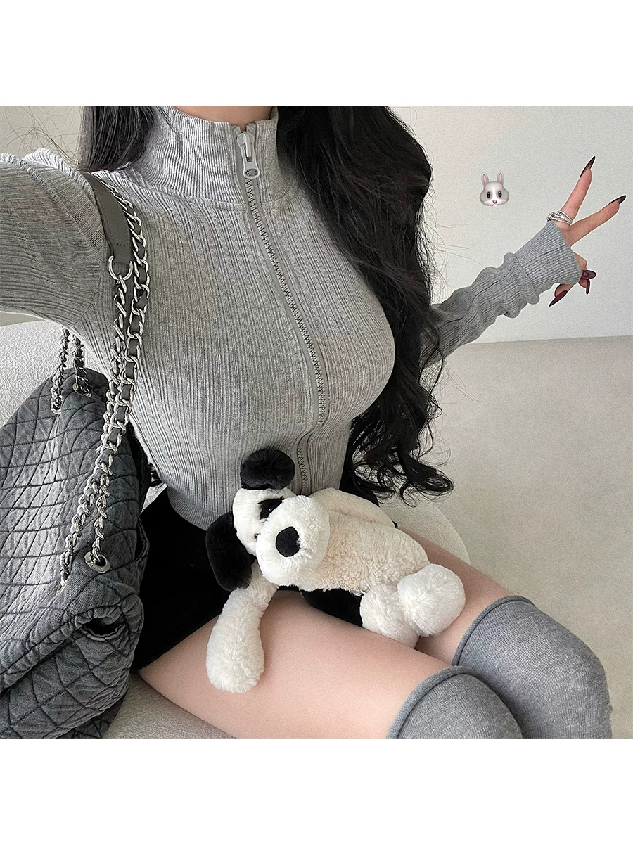 YoungGirlDay Áo khoác cardigan có khóa kéo cổ đứng phong cách châu Âu và Mỹ dành cho cô gái cá tính, áo khoác dệt kim dài tay có gân, dáng ôm vừa vặn
