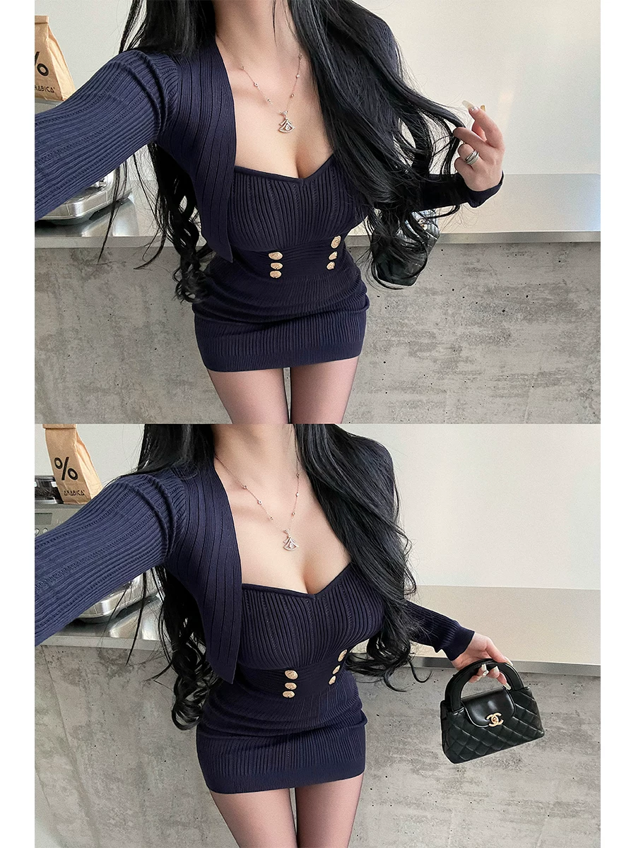 YoungGirlDay pure Desire phong cách hot girl dệt kim áo cardigan dài tay gợi cảm áo ống bó sát eo bộ váy ôm sát eo