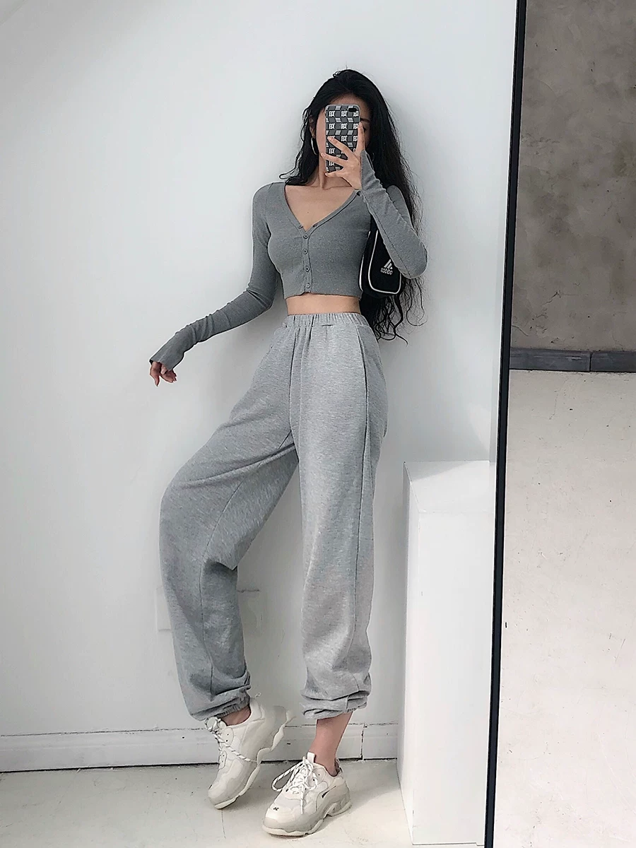 YoungGirlDay Quần dài thể thao cạp cao phong cách Âu Mỹ đa năng, dáng rộng, dáng suông, có lót lông cừu, quần dài thể thao jogger dày dặn