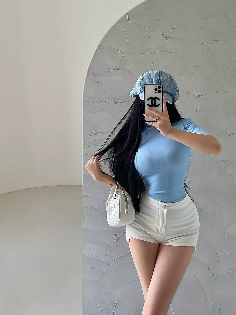 Áo thun ngắn tay đa năng YoungGirlDay Kardashian cổ cao cơ bản, ôm sát, màu trơn, co giãn, đa năng