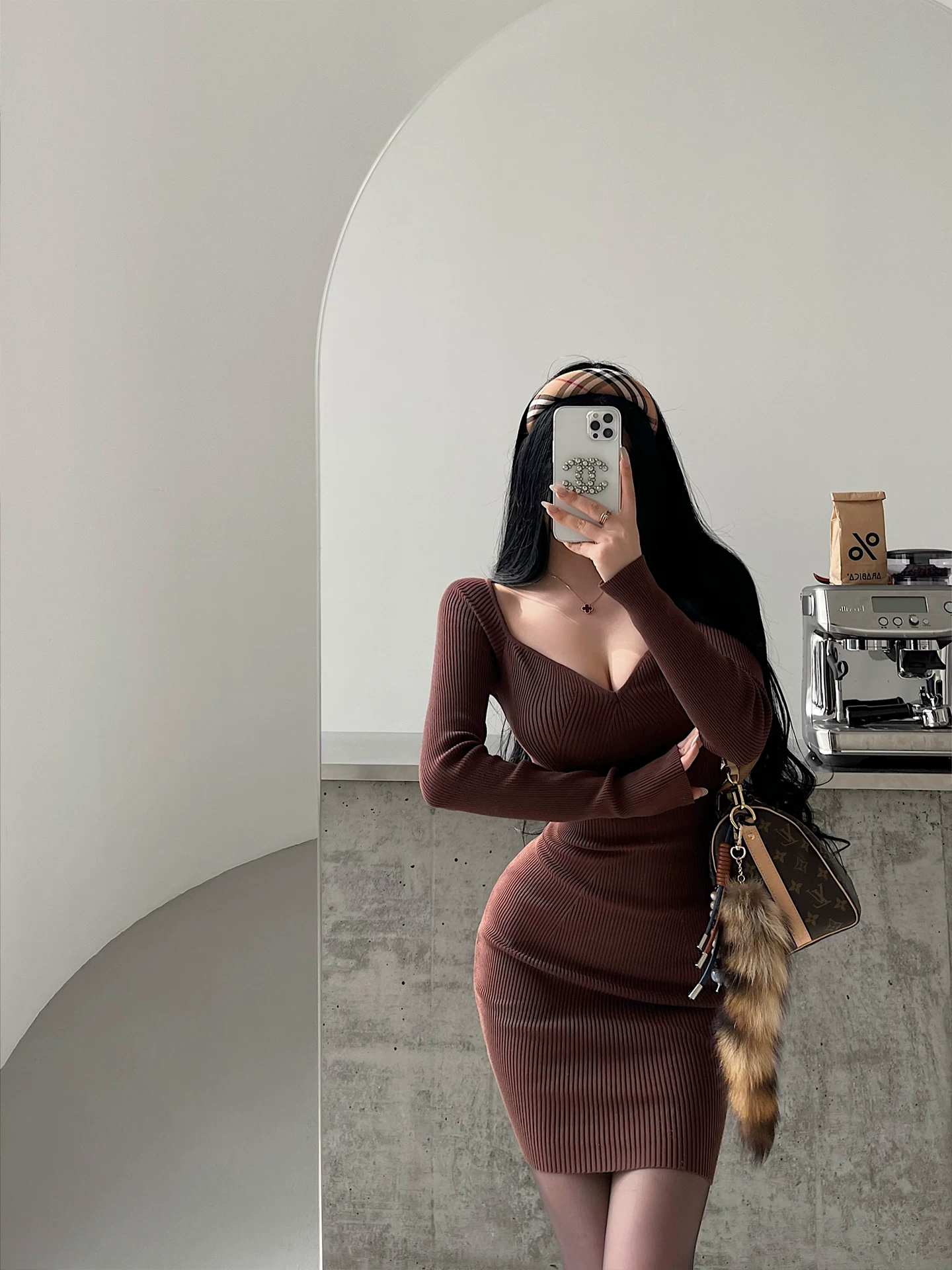 YoungGirlDay khao khát thuần khiết gợi cảm ngọt ngào đường viền cổ áo eo thon giảm béo váy bodycon dệt kim dài tay váy ngắn