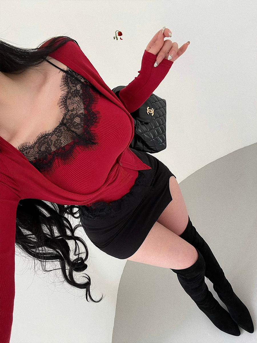 YoungGirlDay pure Desire vibe ren chắp vá áo yếm có dây đeo ngực đơn dài tay áo cardigan