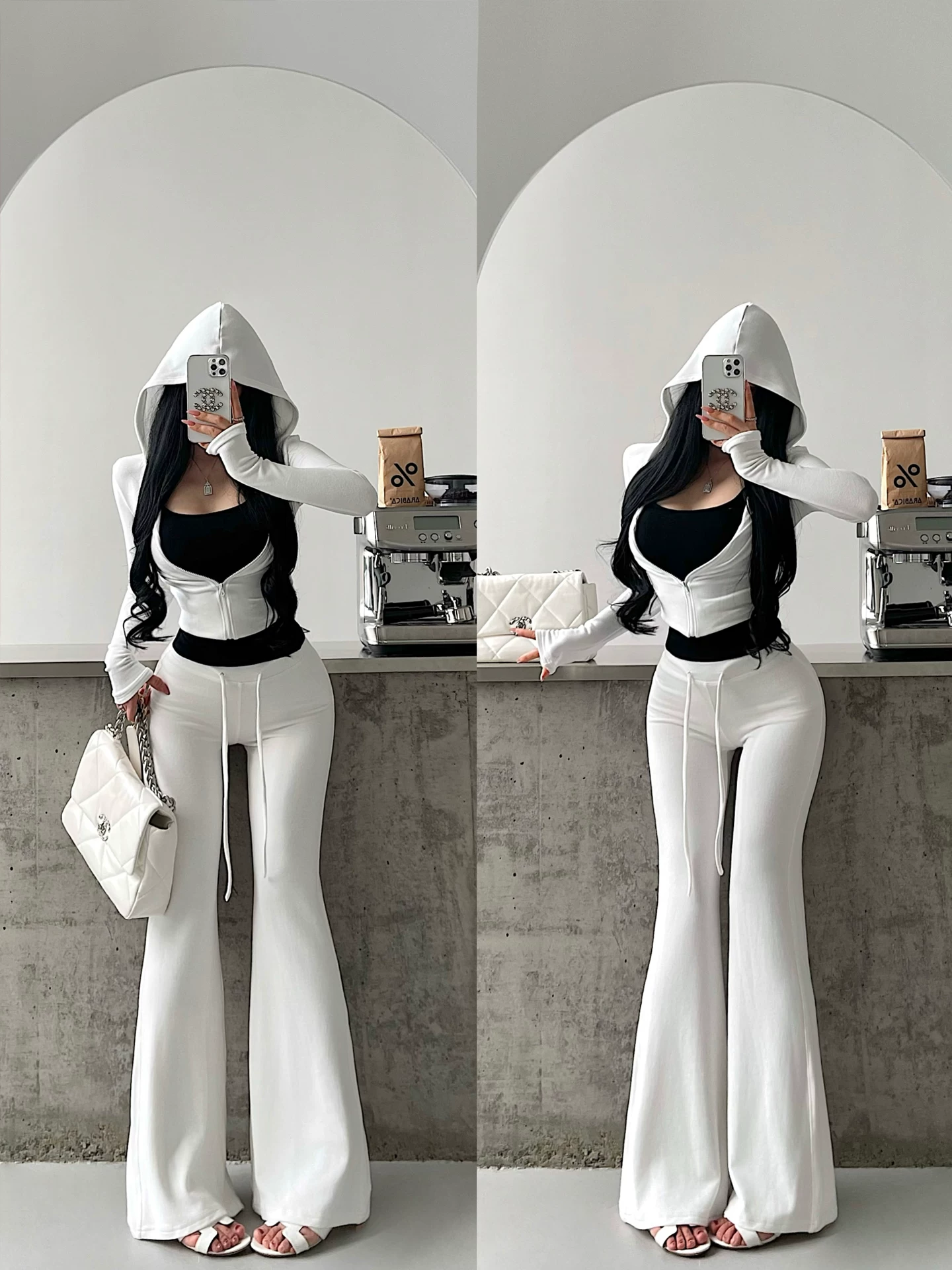 YoungGirlDay【King of Outfits】Áo ba lỗ, áo khoác có mũ trùm đầu, quần dài chạm sàn hơi loe, phong cách giản dị