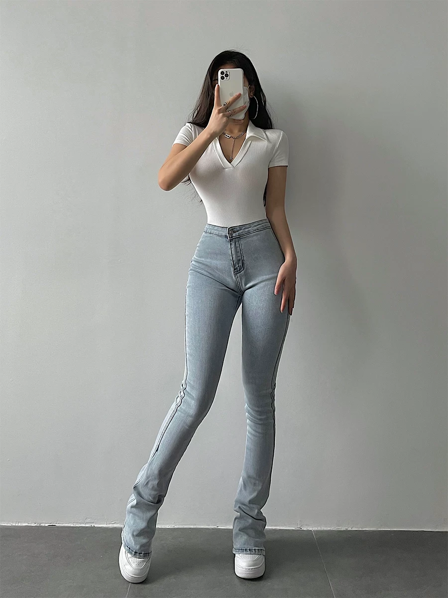 Quần jeans ống loe cạp cao kiểu Âu Mỹ YoungGirlDay, ôm dáng, tôn chân dài, dài đến gót chân.