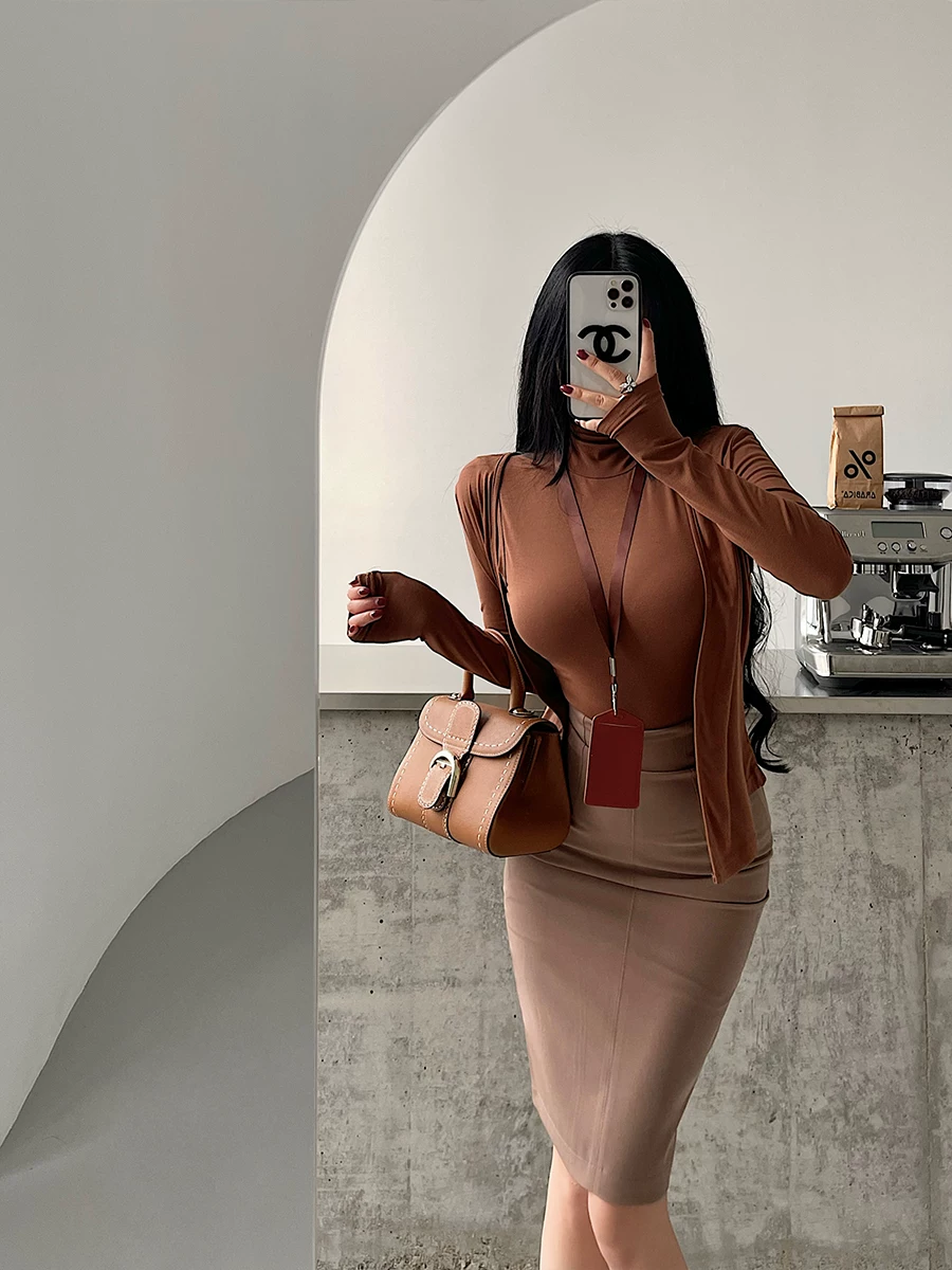 YoungGirlDay Phong cách Hàn Quốc thuần khiết gợi cảm Áo vest không tay cổ cao dáng ôm vừa vặn áo cardigan dài tay bộ hai món