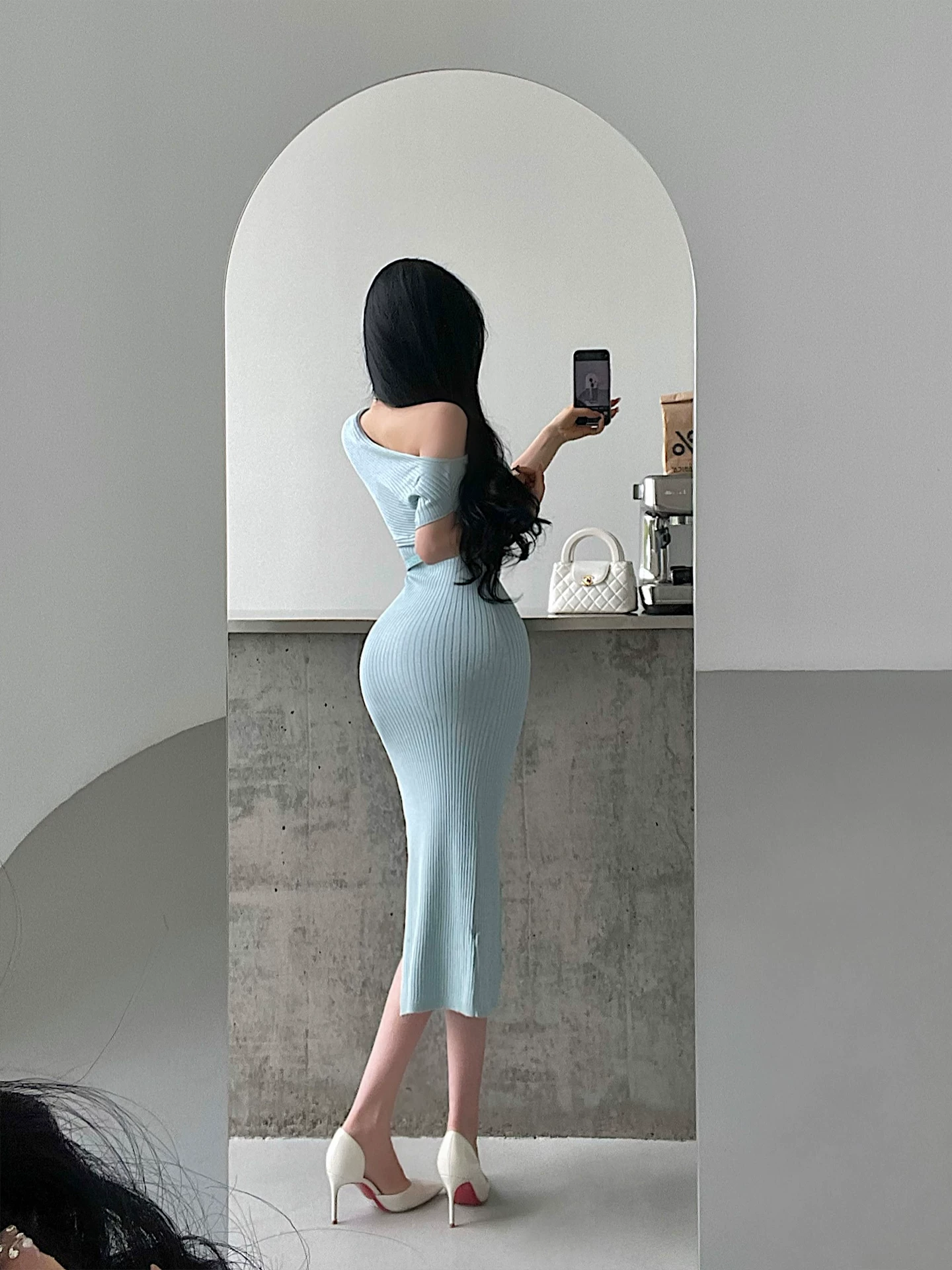 YoungGirlDay pure Desire vibe đầm bodycon dệt kim một vai gợi cảm có thắt lưng