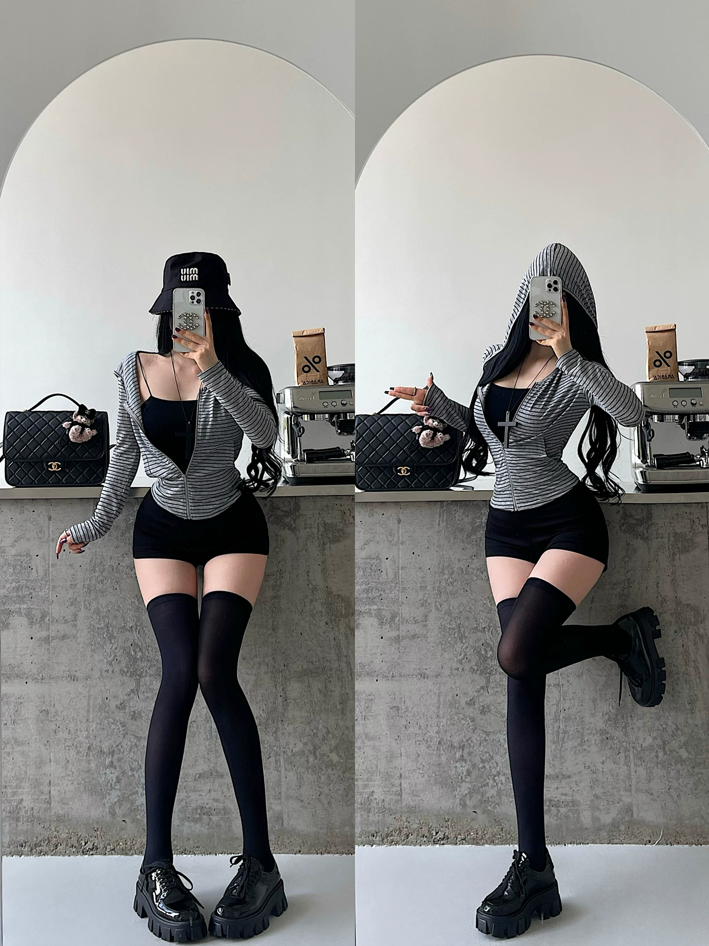 YoungGirlDay Pure Desire phong cách lười biếng có mũ trùm đầu có dây kéo mỏng vừa vặn sọc mỏng chống nắng áo khoác thường ngày dành cho nữ