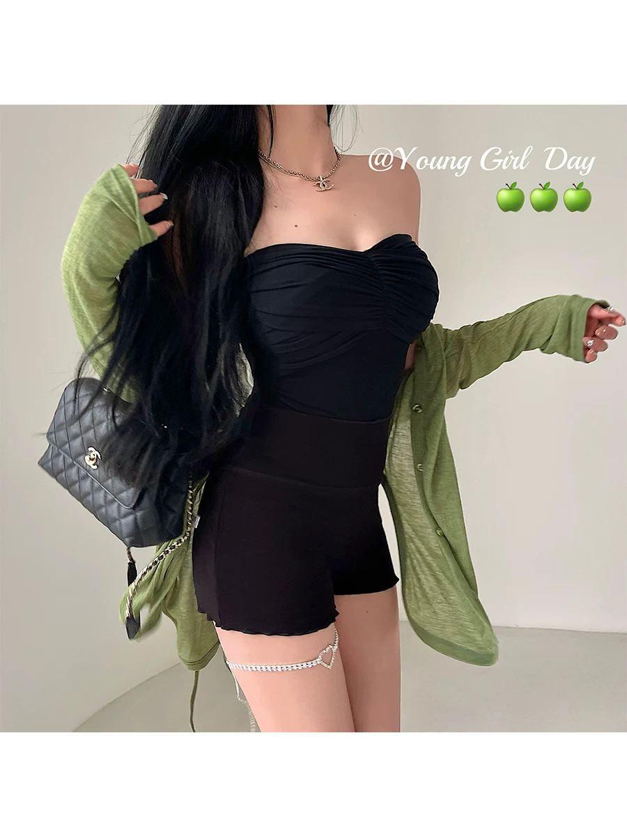 YoungGirlDay Pure Desire gợi cảm áo ống có đệm lót tay dài áo cardigan dài tay cạp cao xếp nếp quần short