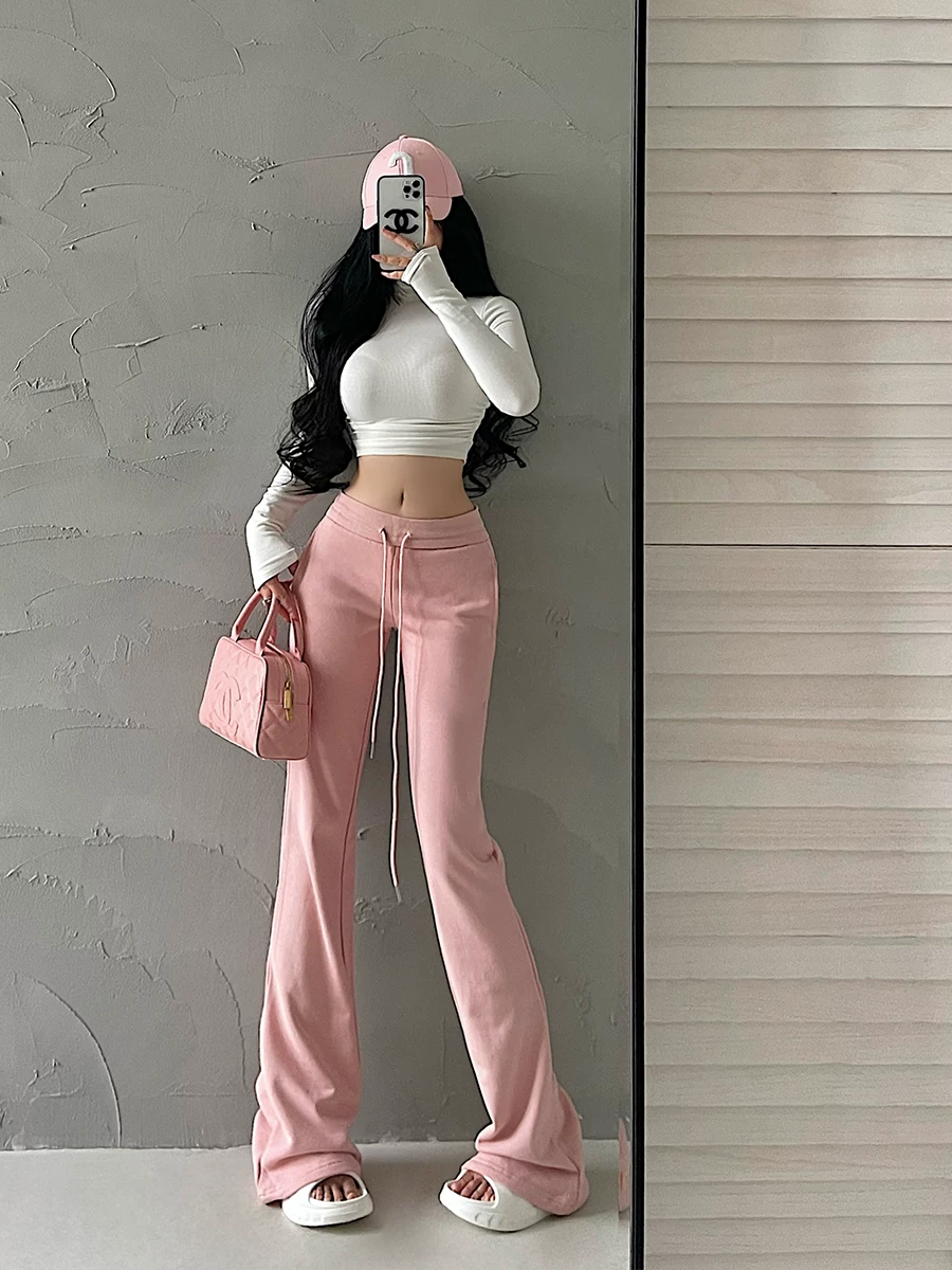 YoungGirlDay Phong cách Âu Mỹ, cạp thấp, dây rút, eo co giãn, ôm vừa vặn, hơi loe, quần dài tôn dáng, quần dài chạm sàn
