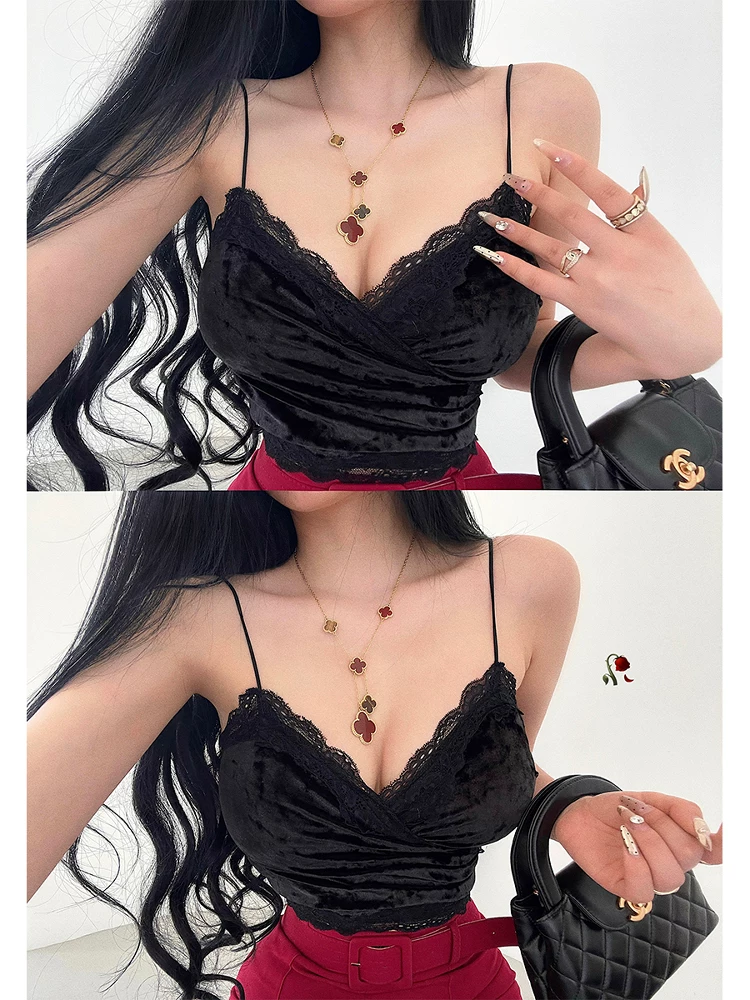 YoungGirlDay Pure Desire Cổ chữ V gợi cảm có dây đeo chéo mỏng viền ren nhung hở lưng.