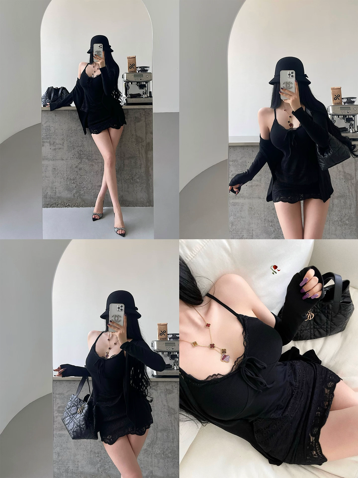 YoungGirlDay thuần khiết khao khát gợi cảm áo ren dài tay áo cardigan ren cạp cao ôm hông váy ngắn