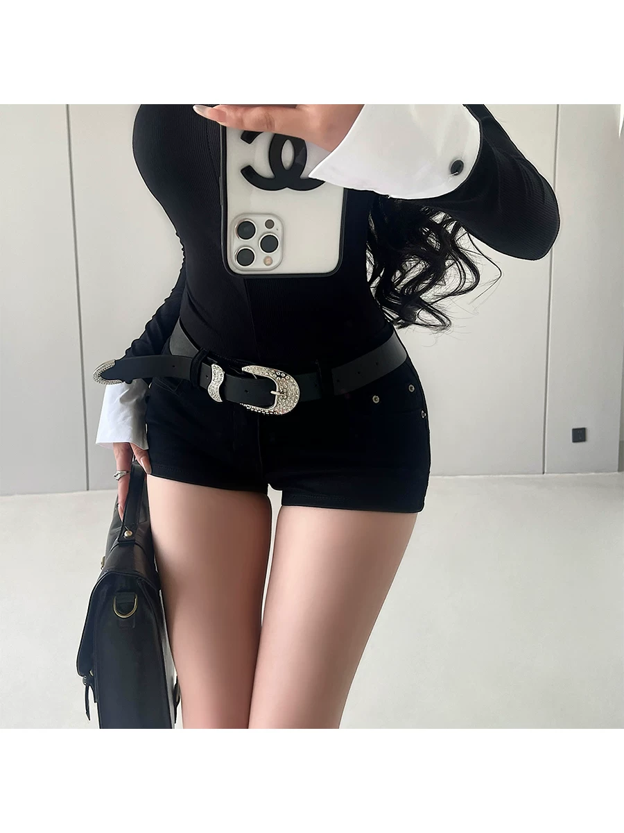 YoungGirlDay Quần short denim co giãn eo thấp gợi cảm phong cách Mỹ kèm thắt lưng thời trang hot pants.