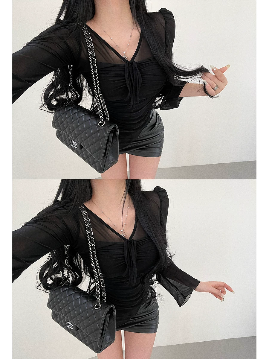 YoungGirlDay phong cách thuần khiết gợi cảm Áo thun cổ chữ V vừa vặn bằng lưới xếp nếp viền không đều tay áo loe