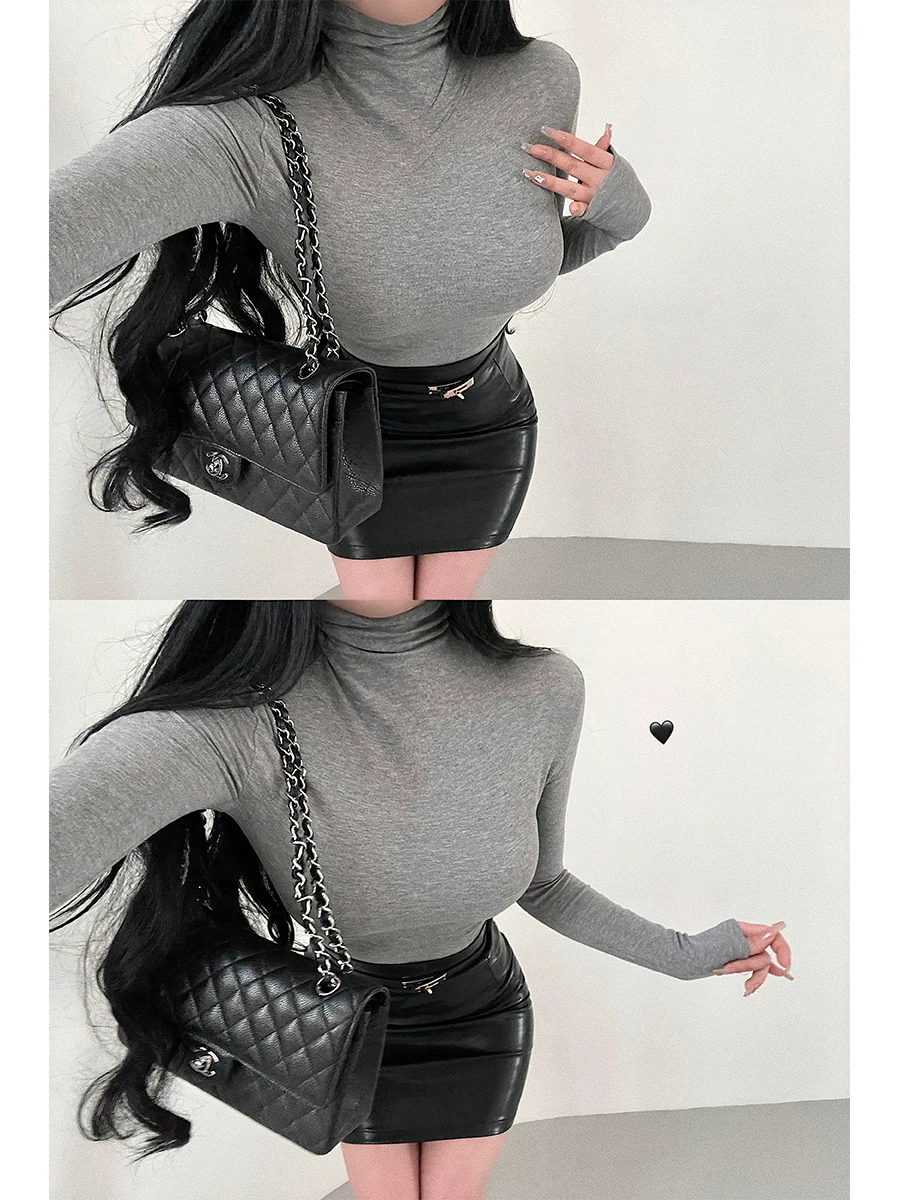 YoungGirlDay Pure Desire Basic High Neck Slim Fit Co giãn lót lông cừu Áo thun dài tay hàng đầu