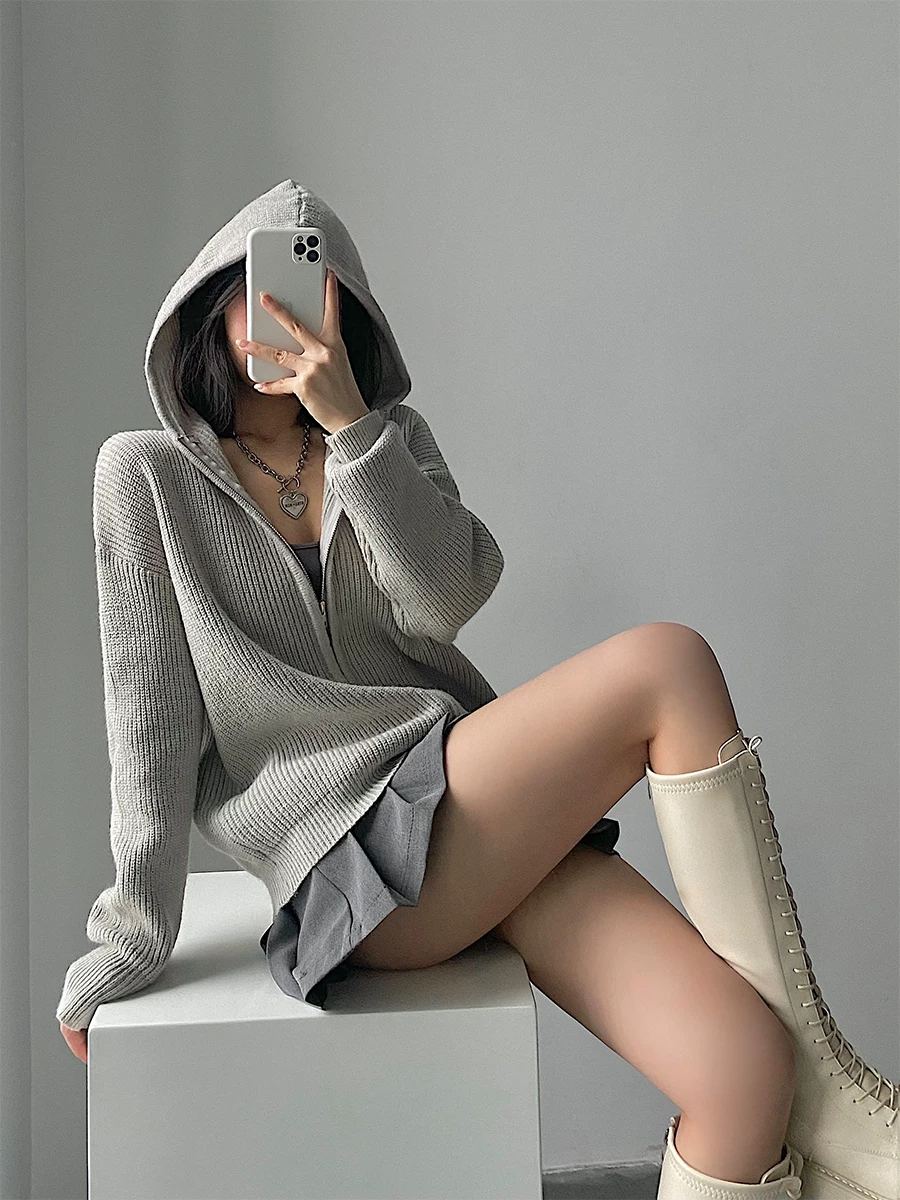 YoungGirlDay Phong cách đường phố châu Âu và Mỹ áo khoác len dệt kim có mũ trùm đầu dài tay có khóa kéo dáng rộng, áo khoác len thông thường