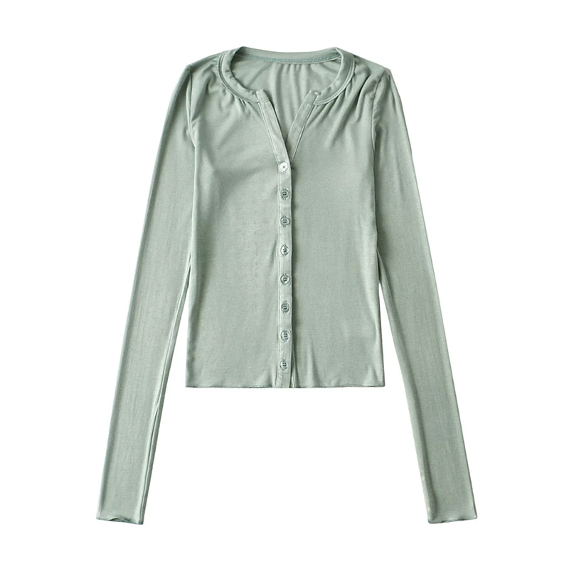 YoungGirlDay 2023 Mùa Thu Mới Phong Cách Pure Desire Phong Cách Slim Fit Áo thun dài tay một hàng khuy.