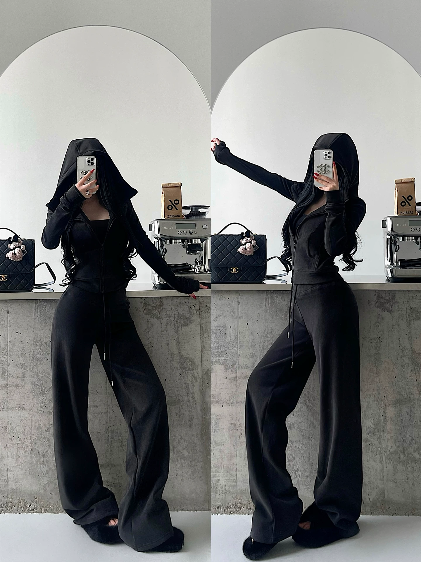 YoungGirlDay lông cừu ấm áp dày dặn có mũ trùm đầu có khóa kéo áo khoác cardigan quần dài đến sàn bộ quần dài