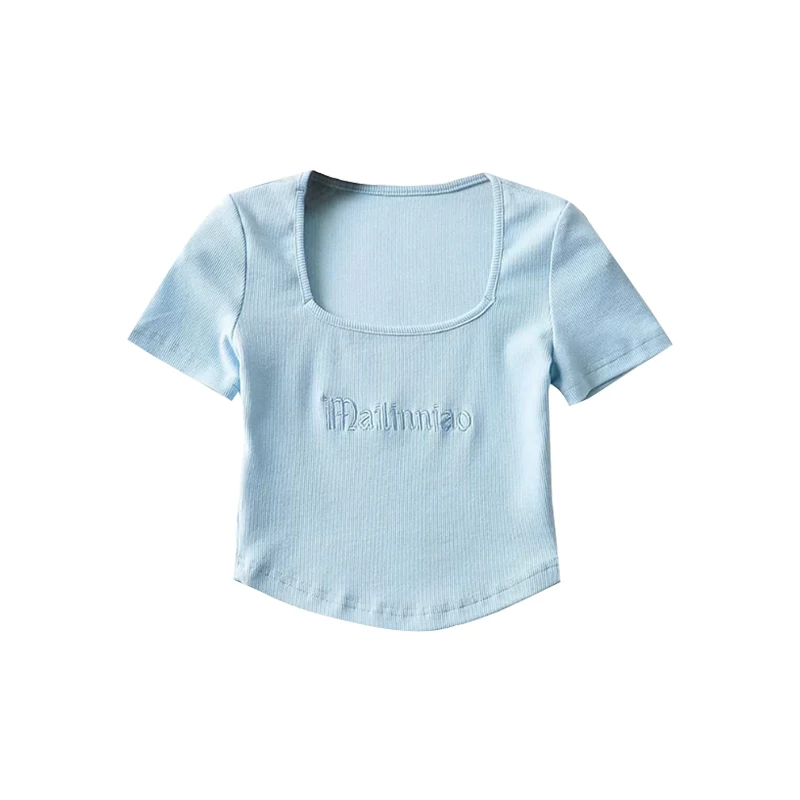 YoungGirlDay Áo thun ngắn tay ngắn tay kiểu Âu Mỹ gợi cảm cổ vuông thêu chữ kiểu Âu Mỹ