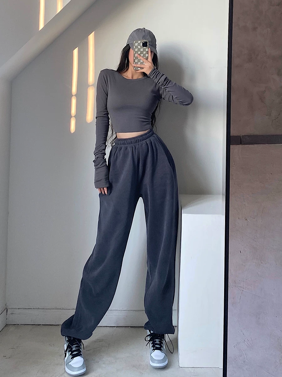 YoungGirlDay Quần jogger dáng rộng có dây rút eo cao phong cách Âu Mỹ, quần thể thao đa năng, quần thể thao, quần dài