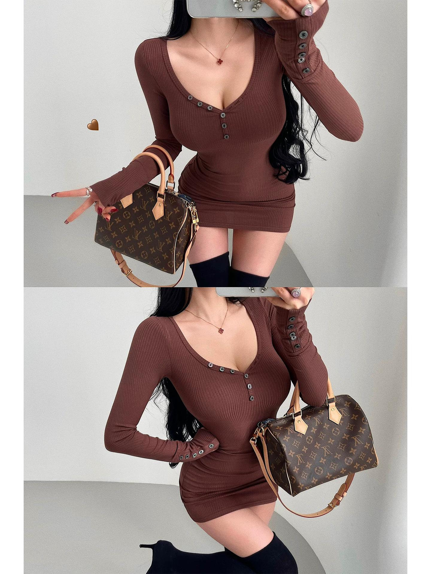 YoungGirlDay Pure Desire Cổ chữ V gợi cảm Áo ngực đơn eo thon Giảm béo tay dài Đầm ôm sát Váy ngắn