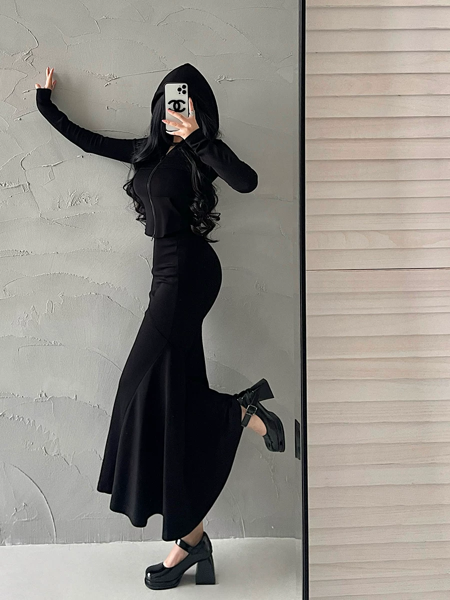 YoungGirlDay pure Desire Sweet Girl Áo cardigan có mũ trùm đầu có khóa kéo, bộ váy đuôi cá cạp cao không đều ôm hông