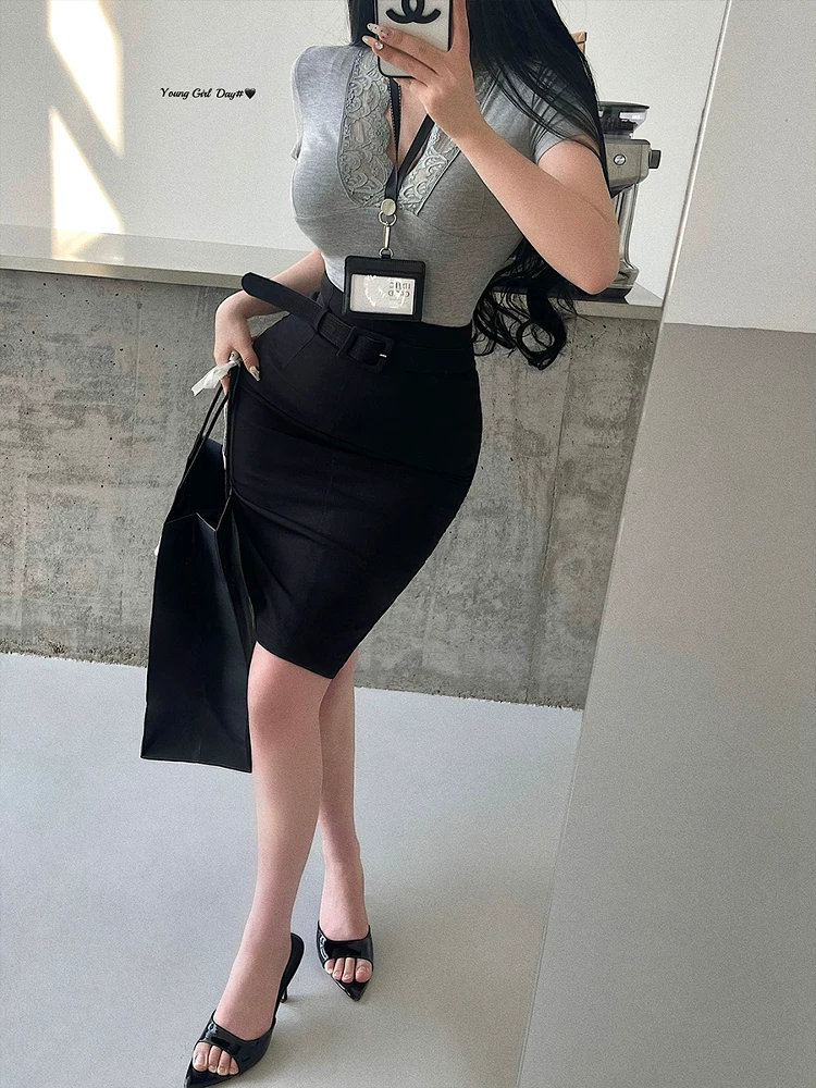 YoungGirlDay Phong cách Hàn Quốc thuần khiết gợi cảm OL váy ôm sát lưng cao xẻ lưng dài vừa phải kèm thắt lưng.