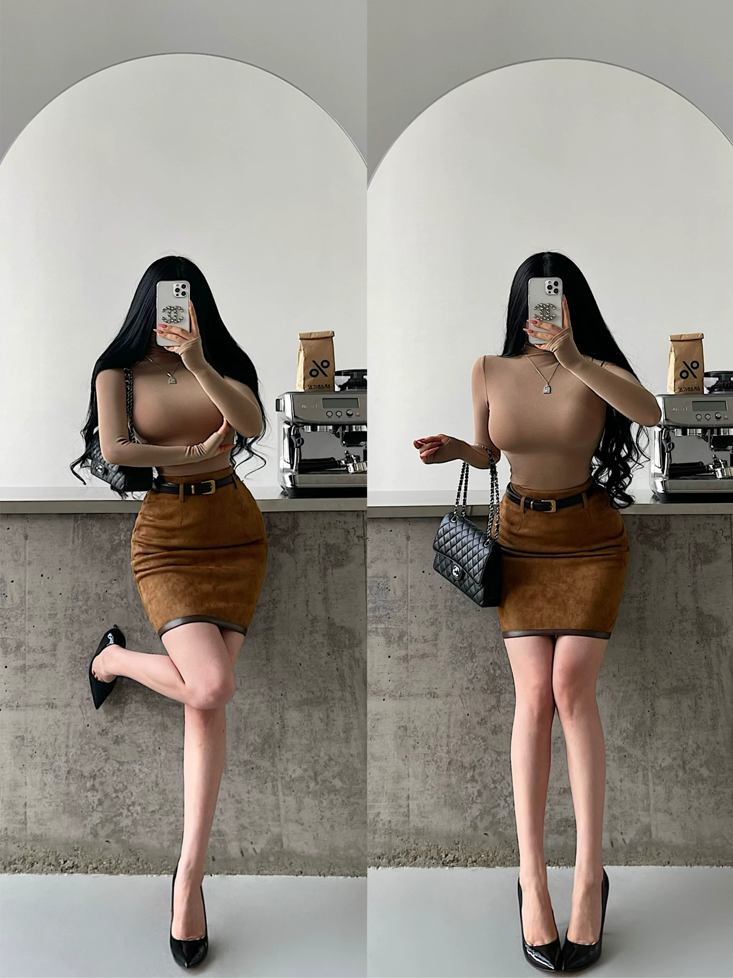 YoungGirlDay Váy ôm hông bằng da lộn dài vừa phải, cạp cao gợi cảm, có đường xẻ phía sau và thắt lưng.