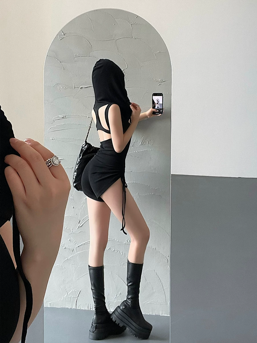 YoungGirlDay Quần short liền thân có dây rút có mũ trùm đầu phong cách châu Âu và Mỹ hot girl có dây rút ôm sát không tay hở lưng có dây rút