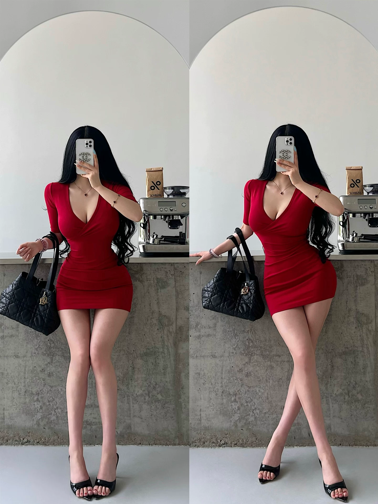 YoungGirlDay Pure Desire Style Hot Girl Gợi cảm cổ chữ V Slim Fit Mid-sleeve Bodycon Dress Váy ngắn